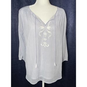 St Johns Bay Woman’s XL Blue White Blouse Tassel Tie Embroidery 3/4 Sleeve
